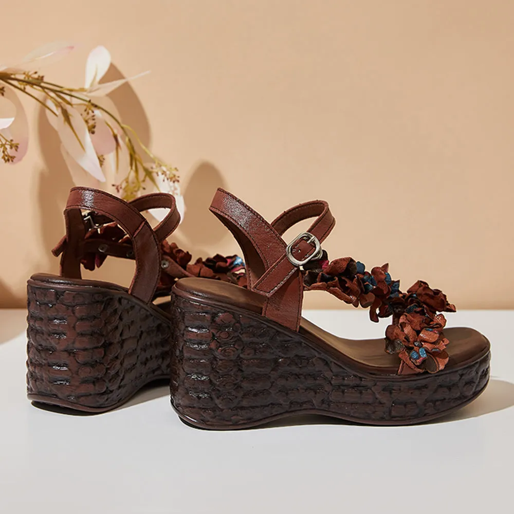 Leather High Heels Flower Platform Wedge Sandals