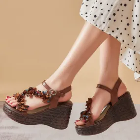 Leather High Heels Flower Platform Wedge Sandals