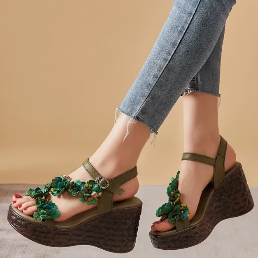Leather High Heels Flower Platform Wedge Sandals