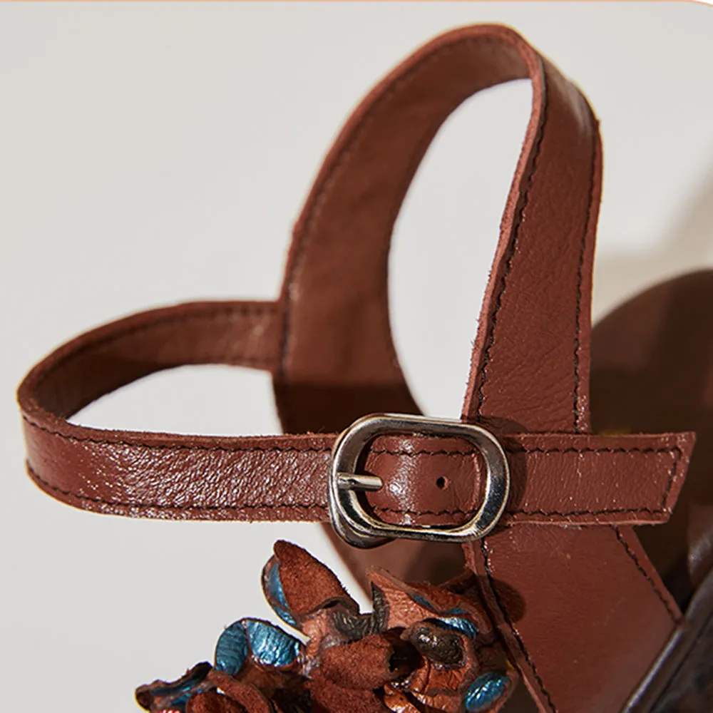 Leather High Heels Flower Platform Wedge Sandals