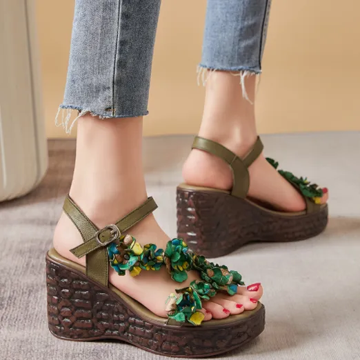 Leather High Heels Flower Platform Wedge Sandals