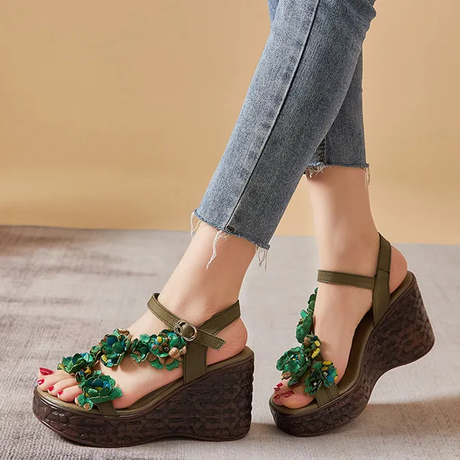 Leather High Heels Flower Platform Wedge Sandals
