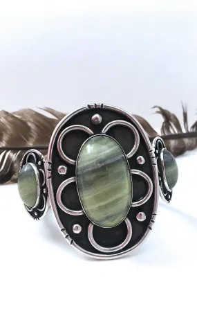 LIZARD JASPER 1970s Large Statement Silver and Green Cuff