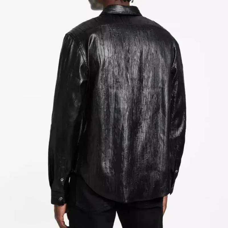 Men's Casual Fashionable Textured Leather Long Sleeve Shirt 46353500K