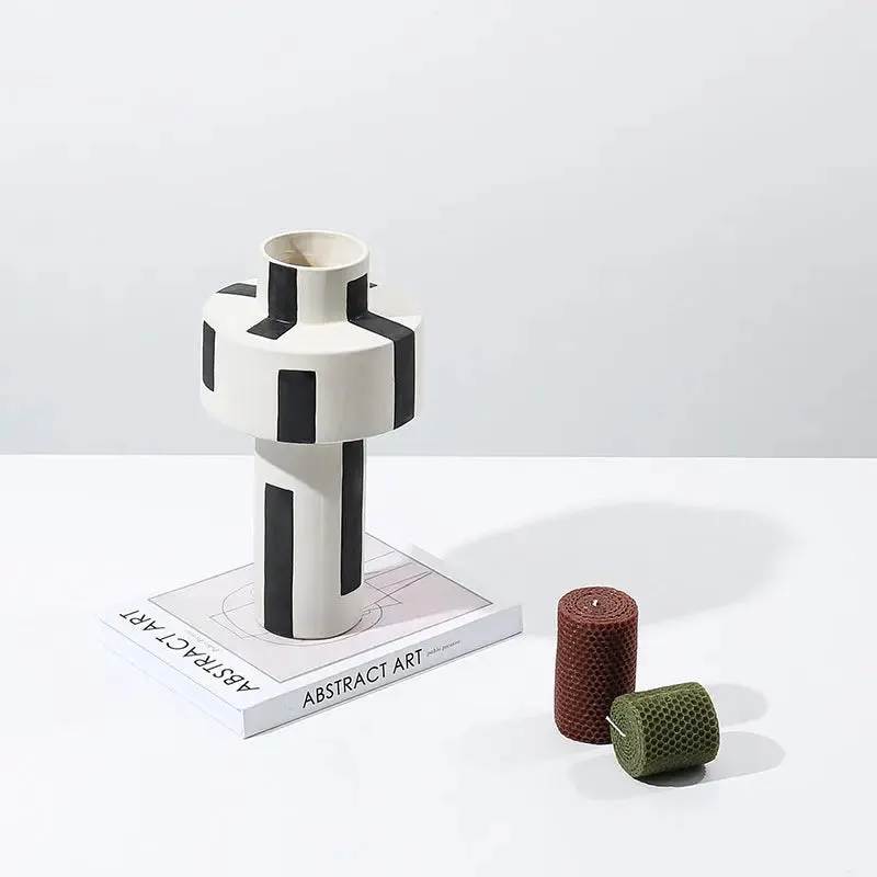 Minimalist Hand Painted Ceramic Vase With Vertical Lines
