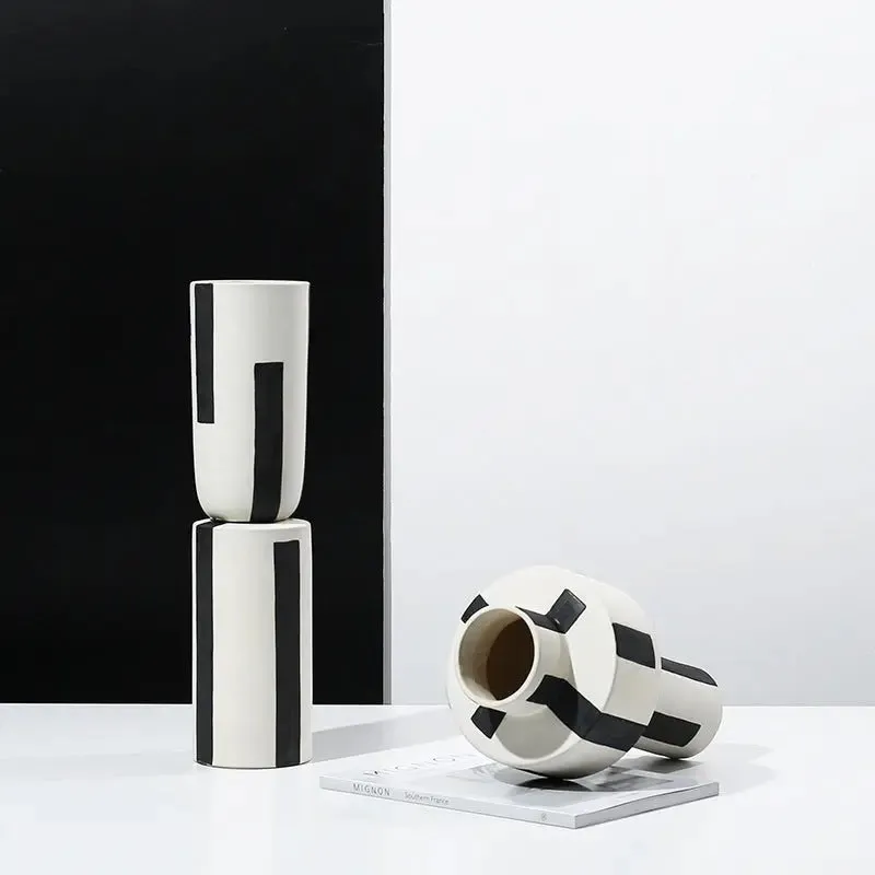 Minimalist Hand Painted Ceramic Vase With Vertical Lines