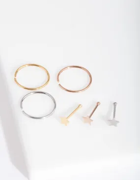 Mixed Metal Fine Star Nose Piercing 6-Pack