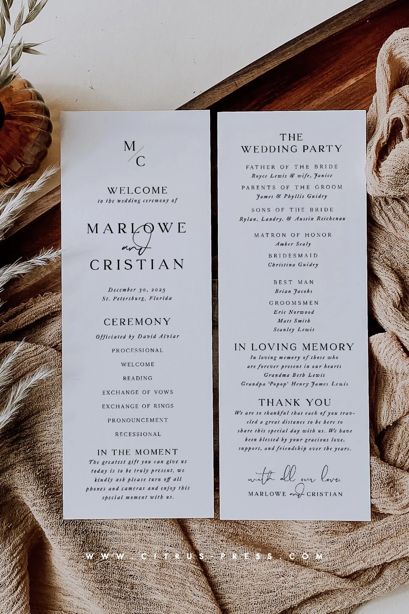 Modern Minimal Wedding Ceremony Program | Marlowe