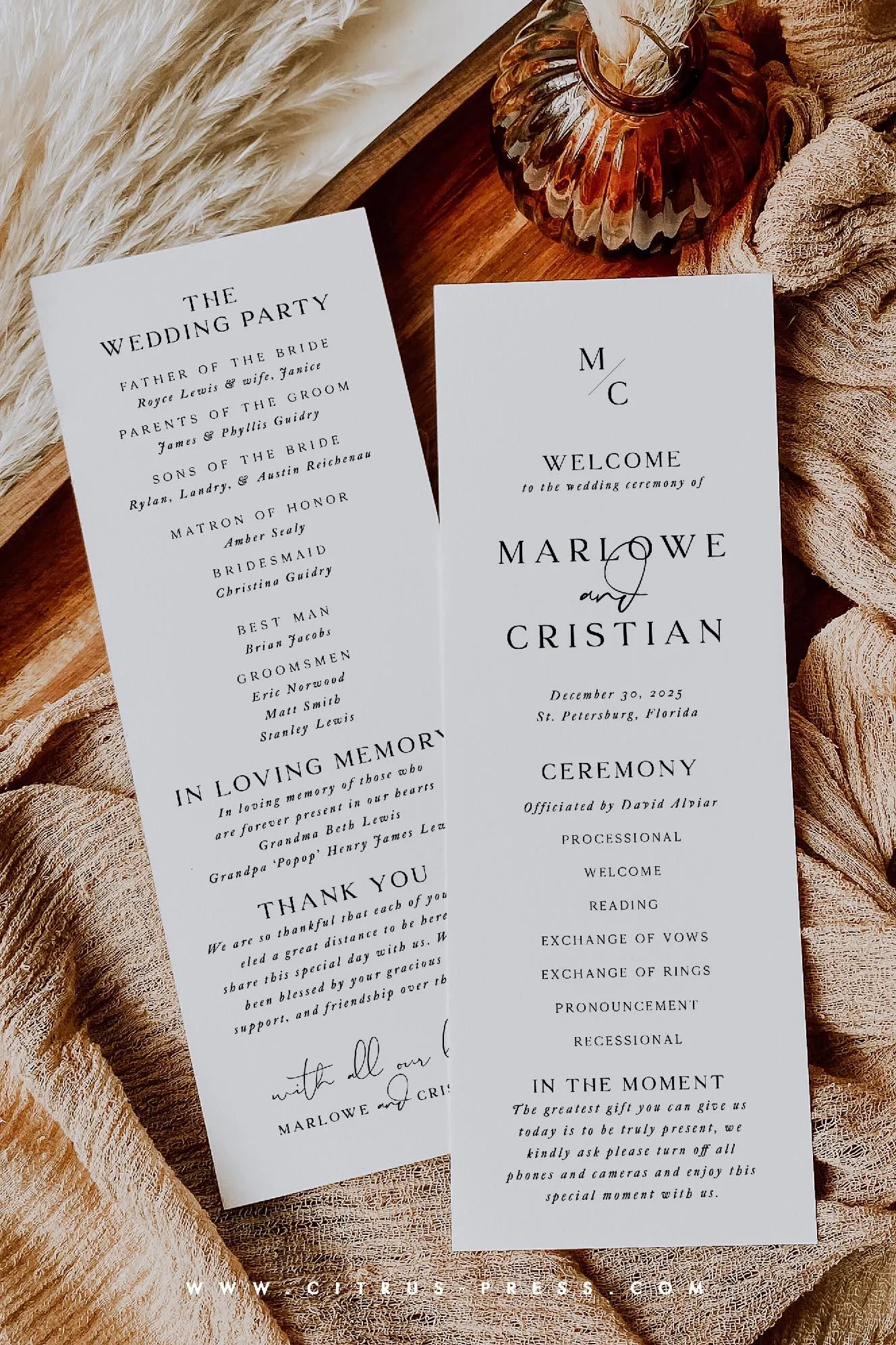 Modern Minimal Wedding Ceremony Program | Marlowe