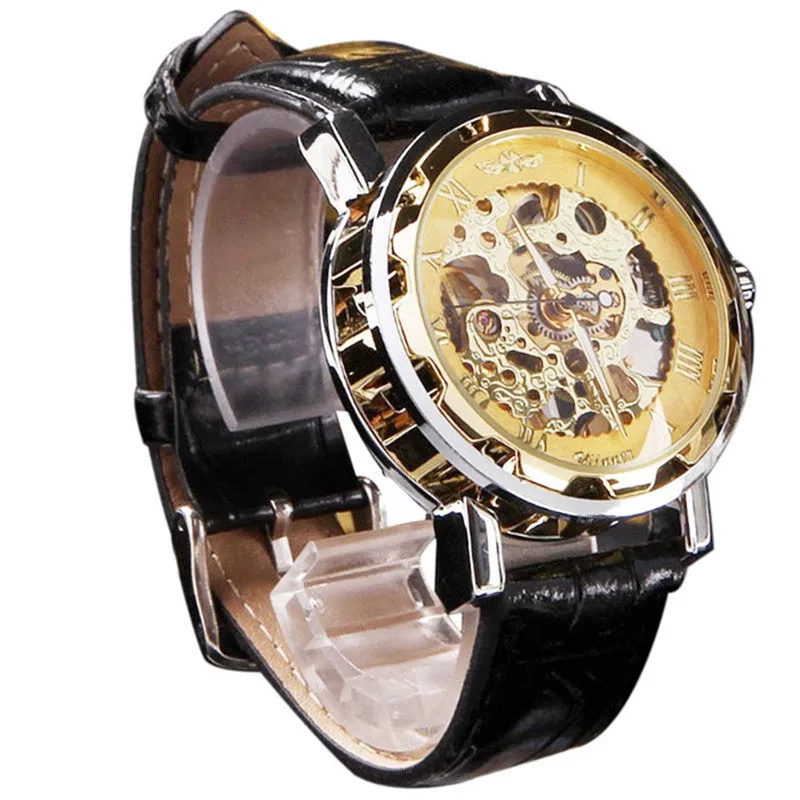 Newly Design Men's Classic Black Leather Gold Dial Skeleton Mechanical Sport Army Wrist Watch wholesale Free shipping