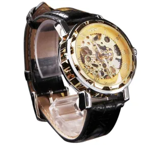 Newly Design Men's Classic Black Leather Gold Dial Skeleton Mechanical Sport Army Wrist Watch wholesale Free shipping