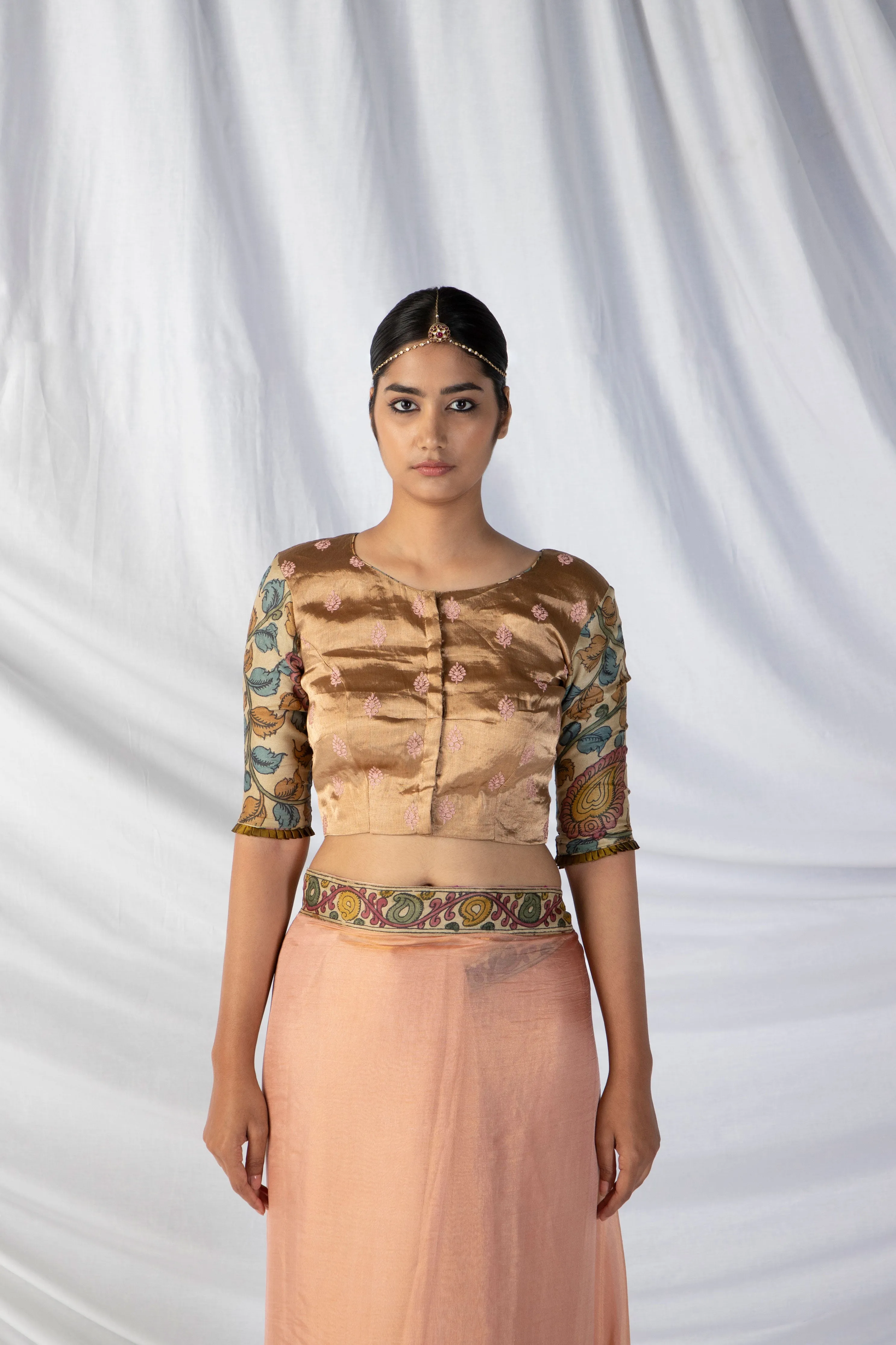 Niloufer Saree And Blouse Set In Periwinkle Purple And Dull Gold