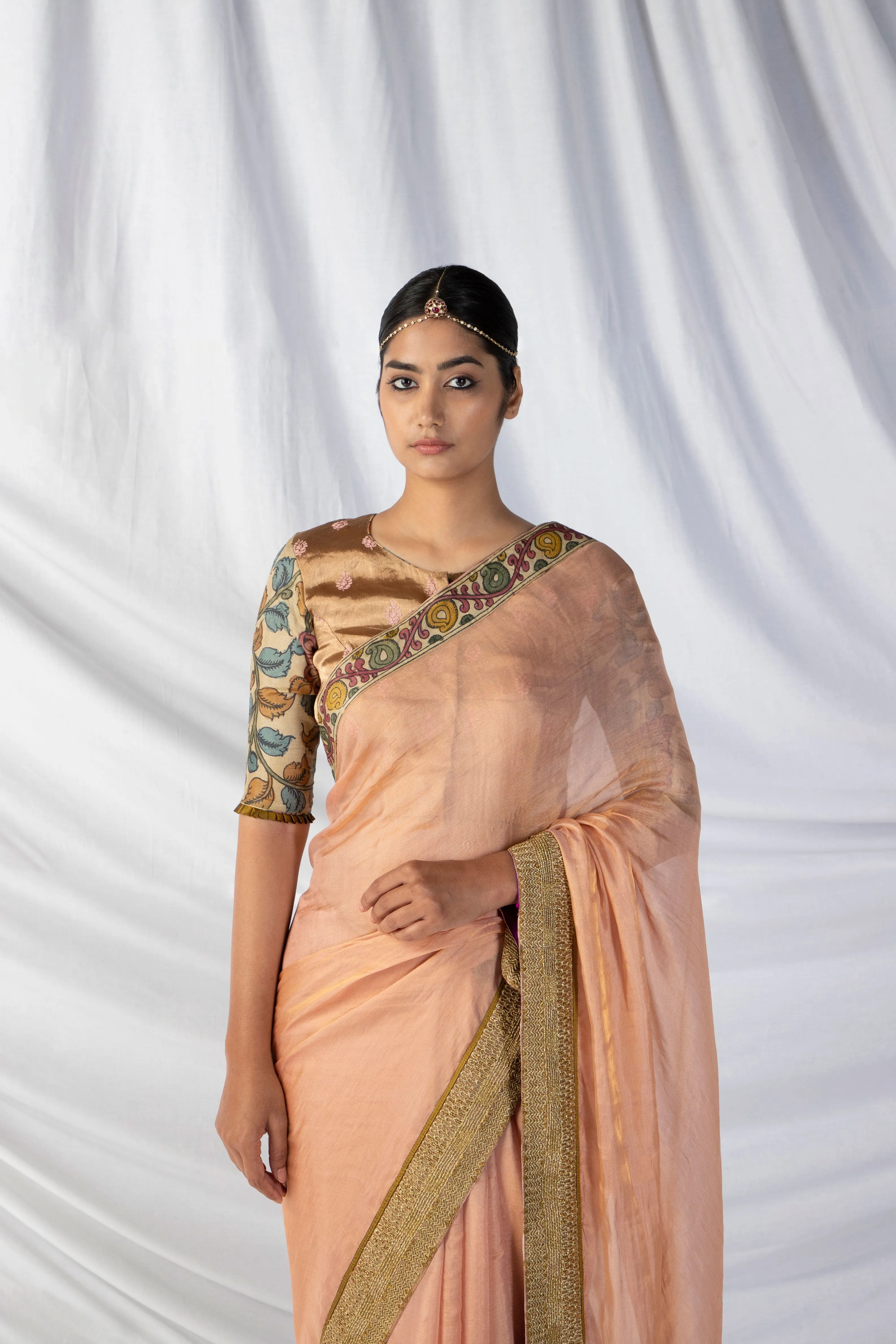 Niloufer Saree And Blouse Set In Periwinkle Purple And Dull Gold