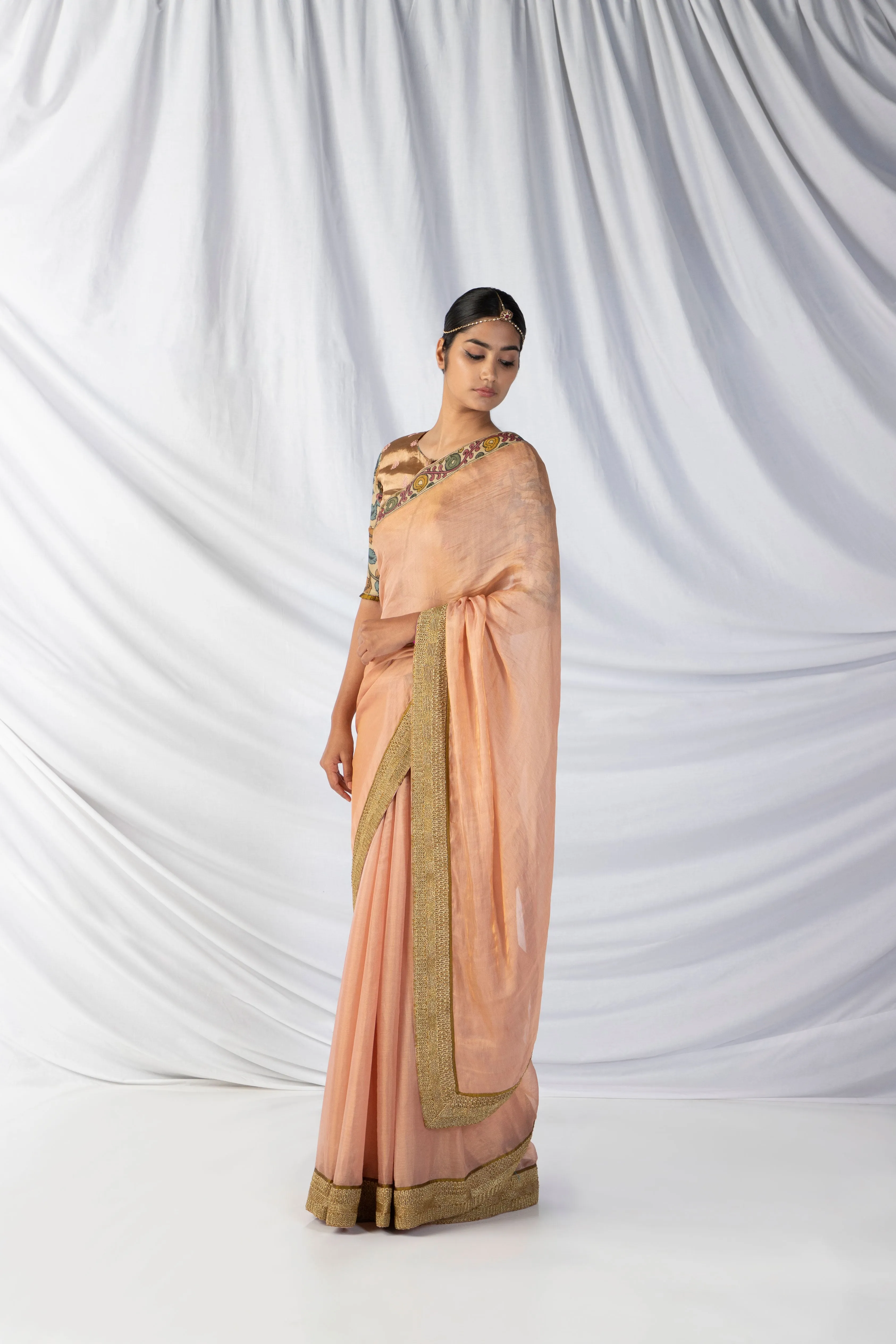 Niloufer Saree And Blouse Set In Periwinkle Purple And Dull Gold