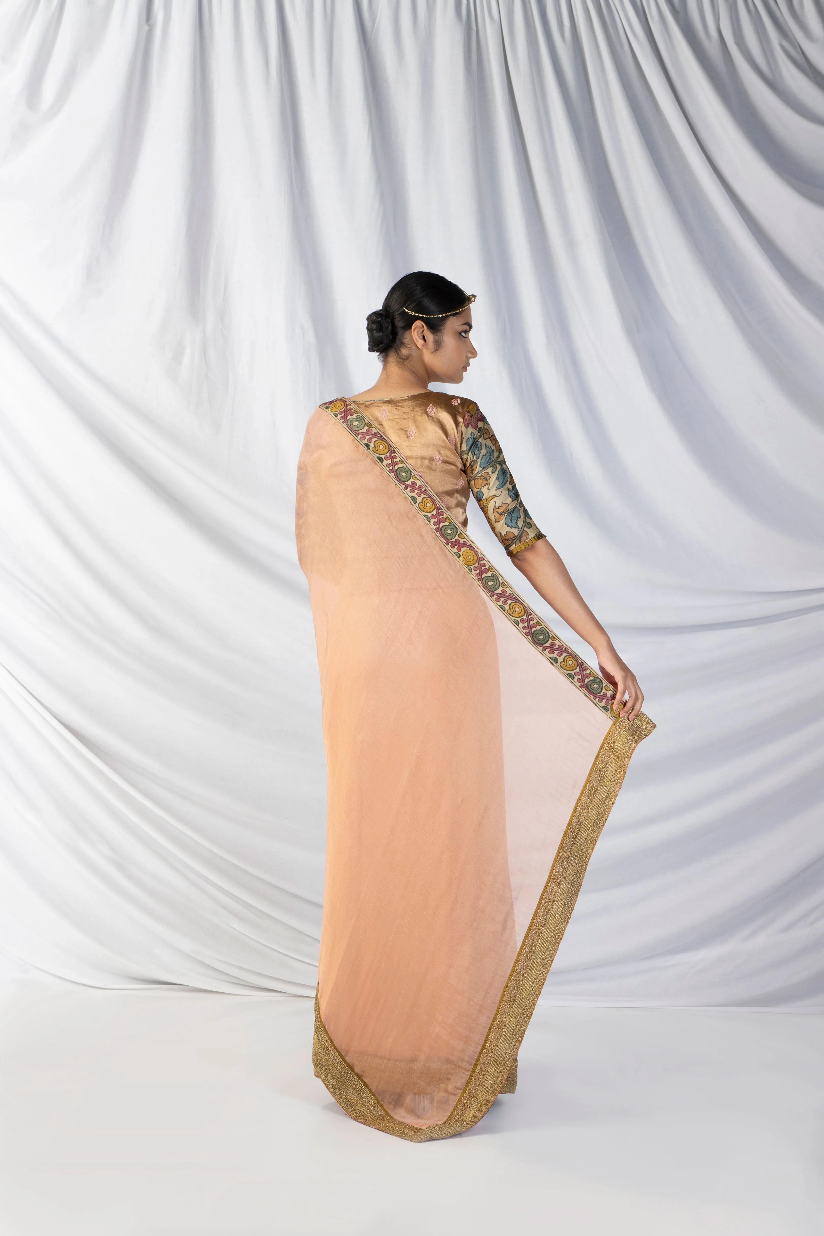 Niloufer Saree And Blouse Set In Periwinkle Purple And Dull Gold