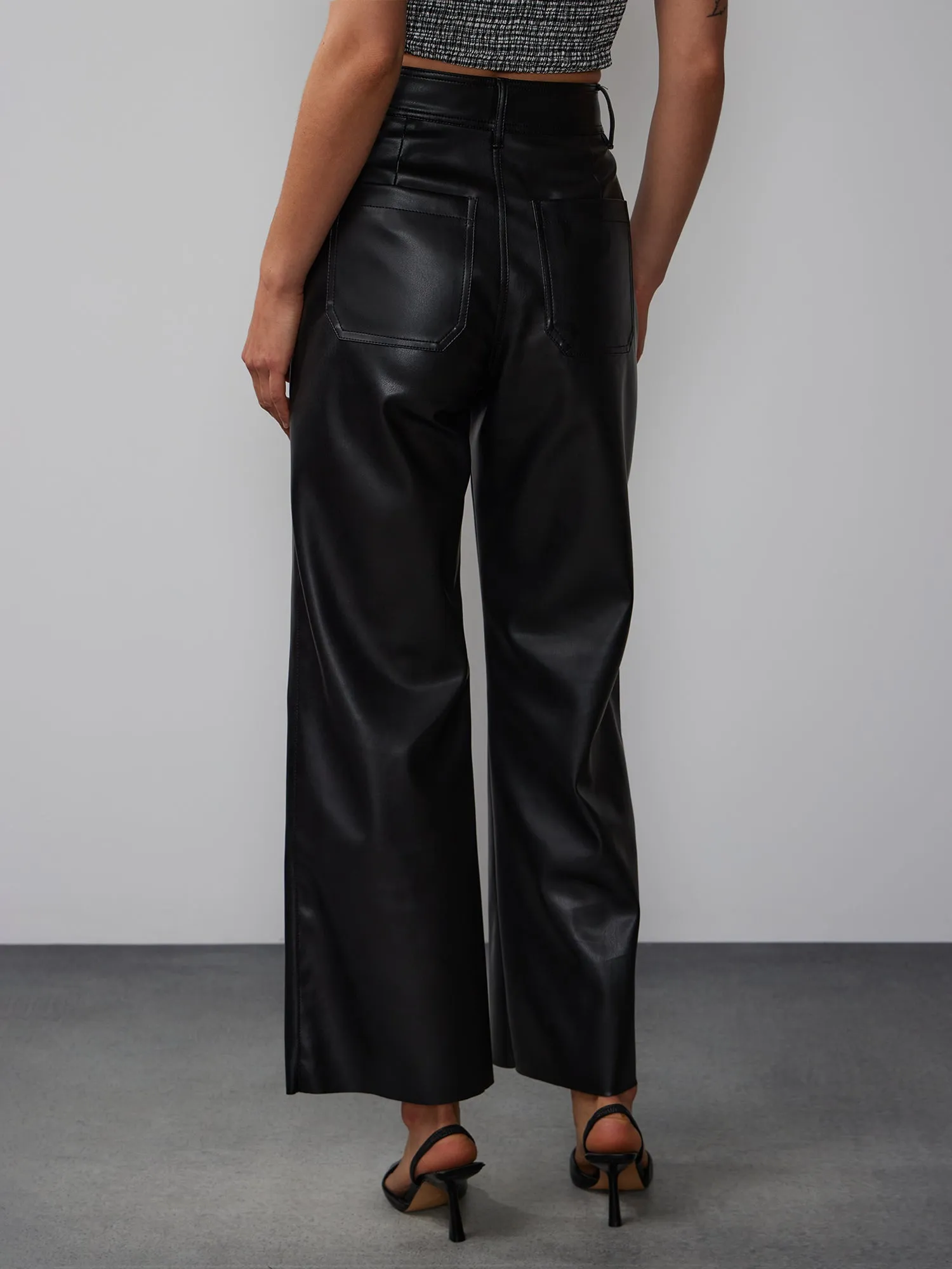 Patch Pocket Vegan Leather Wide Leg Pant