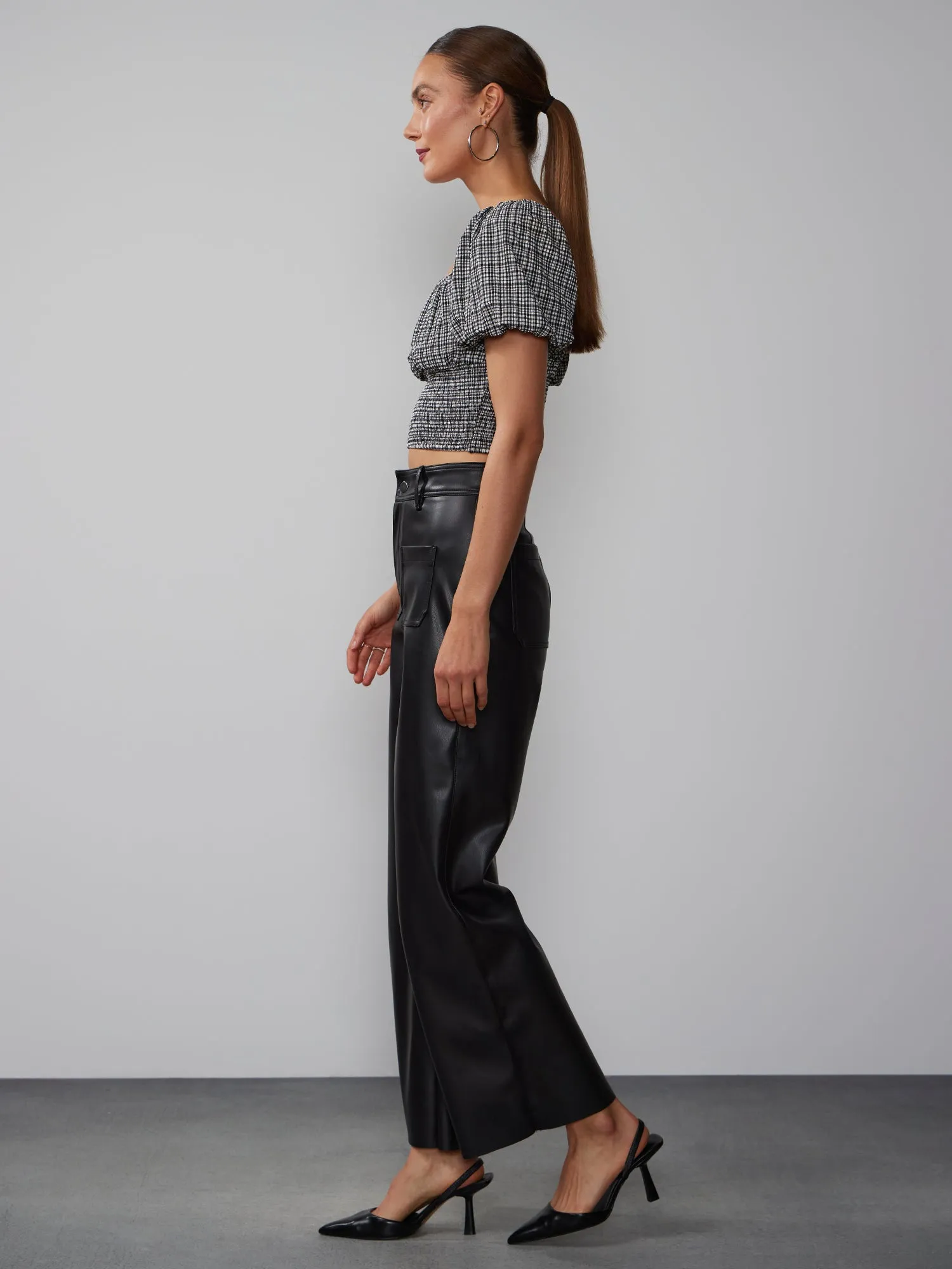 Patch Pocket Vegan Leather Wide Leg Pant
