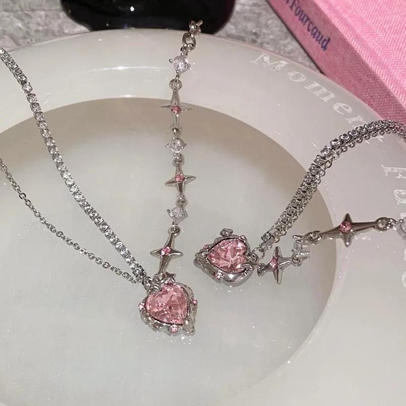 Pink Heart Crystal Necklace