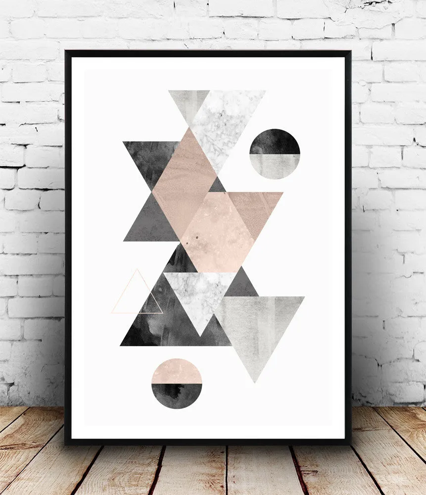 Pinkg and gray wall art, geometric triangle print