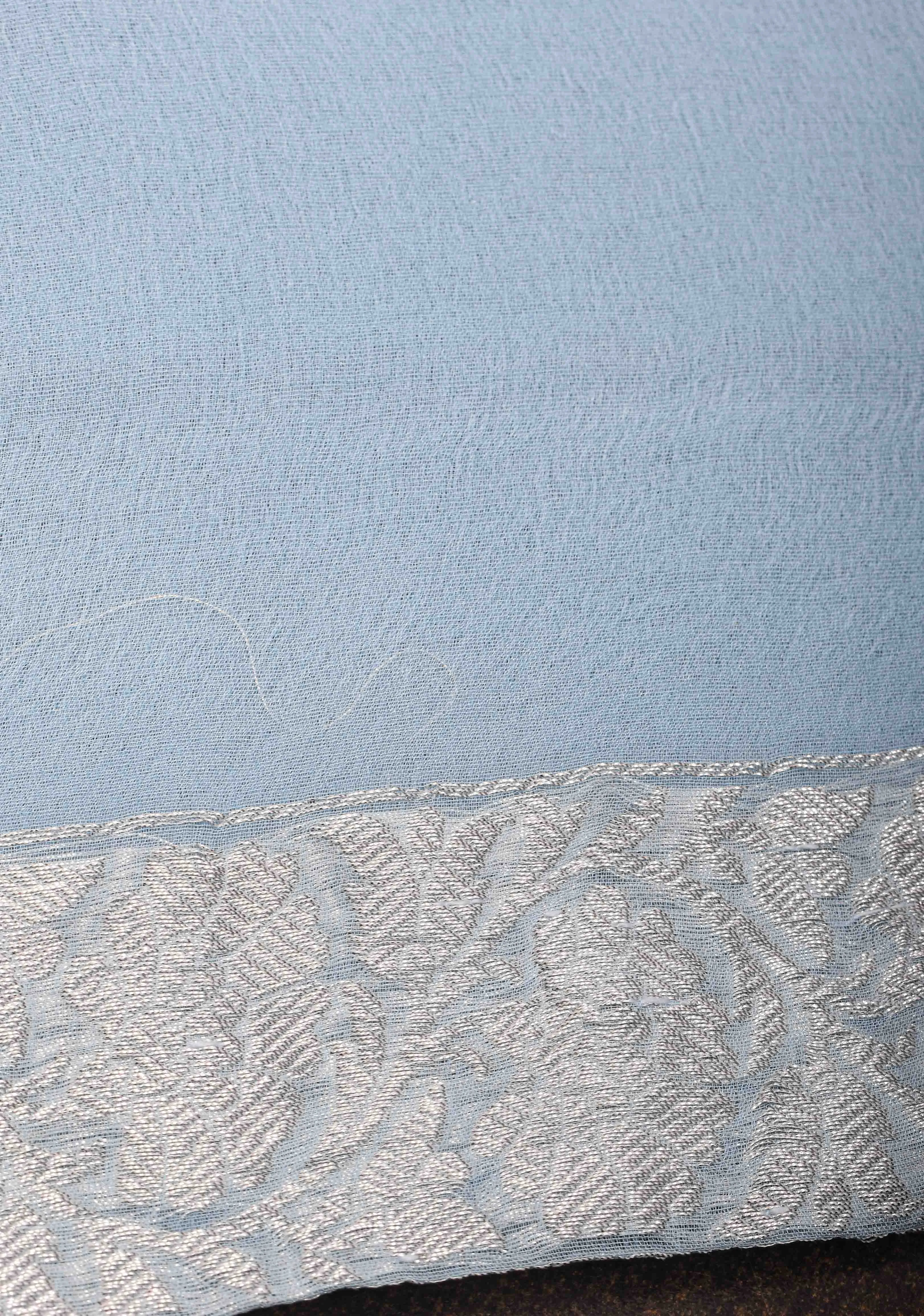 Pure Silk Chiffon Saree in Blue with Silver Zari Buttas and Border | SILK MARK CERTIFIED