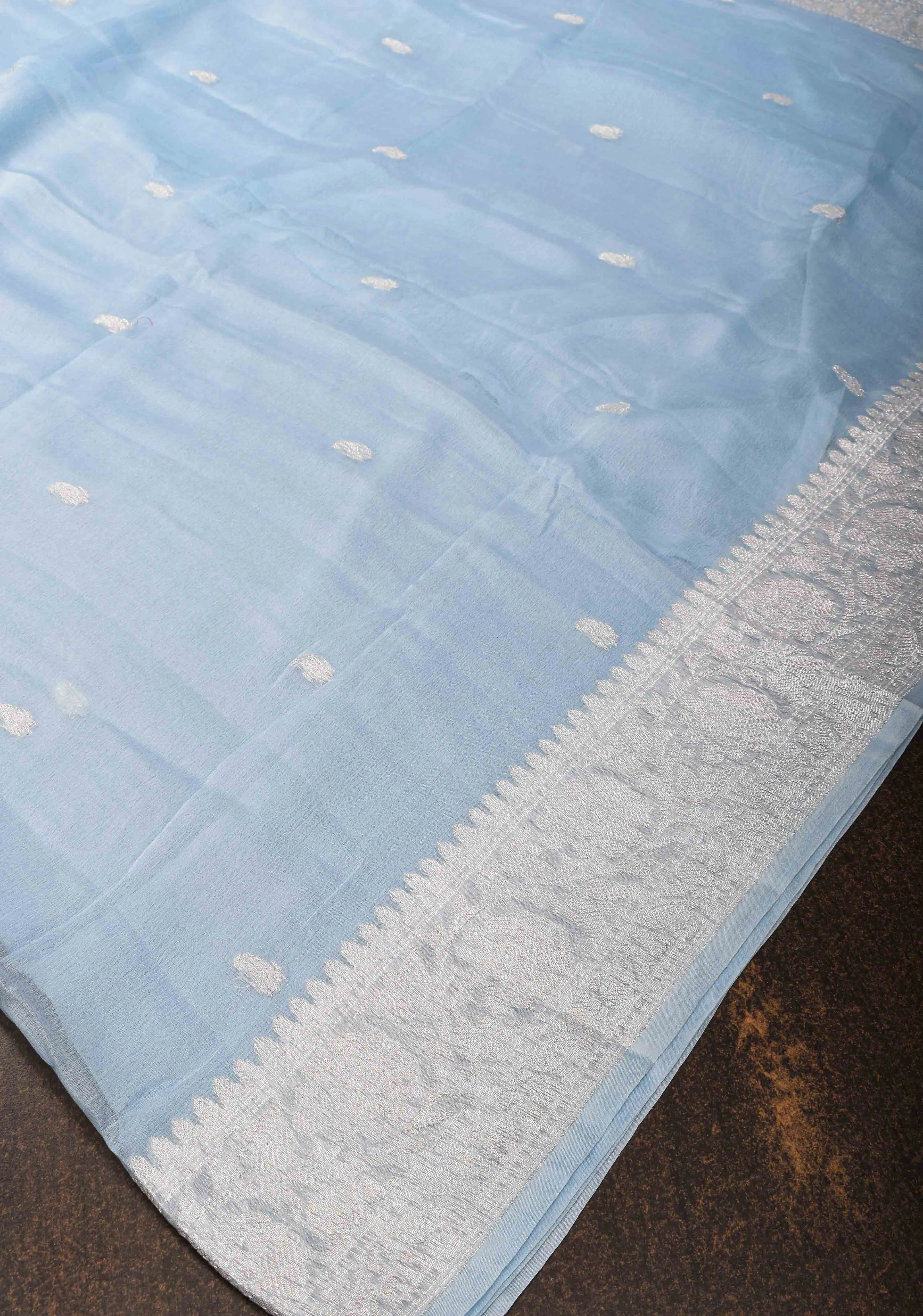 Pure Silk Chiffon Saree in Blue with Silver Zari Buttas and Border | SILK MARK CERTIFIED