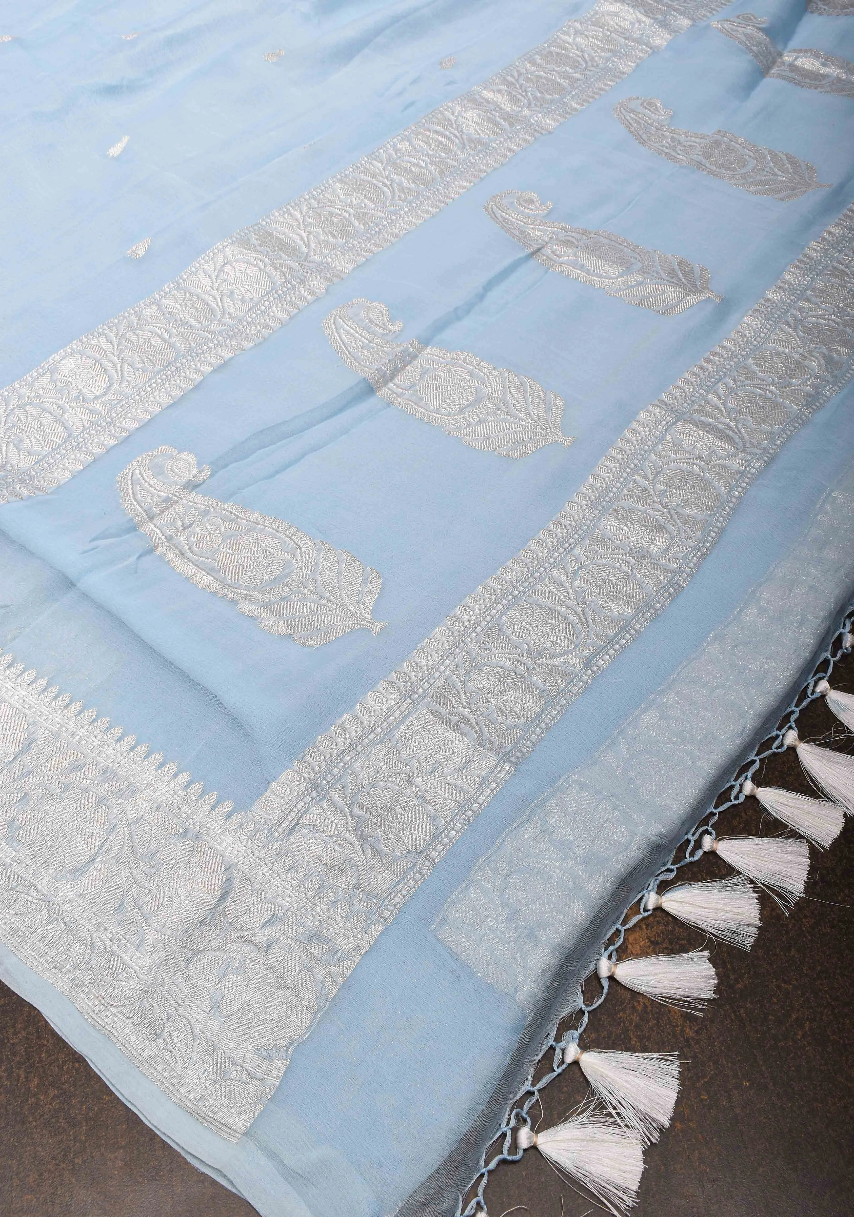 Pure Silk Chiffon Saree in Blue with Silver Zari Buttas and Border | SILK MARK CERTIFIED