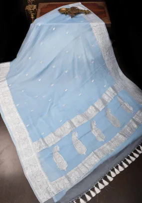 Pure Silk Chiffon Saree in Blue with Silver Zari Buttas and Border | SILK MARK CERTIFIED