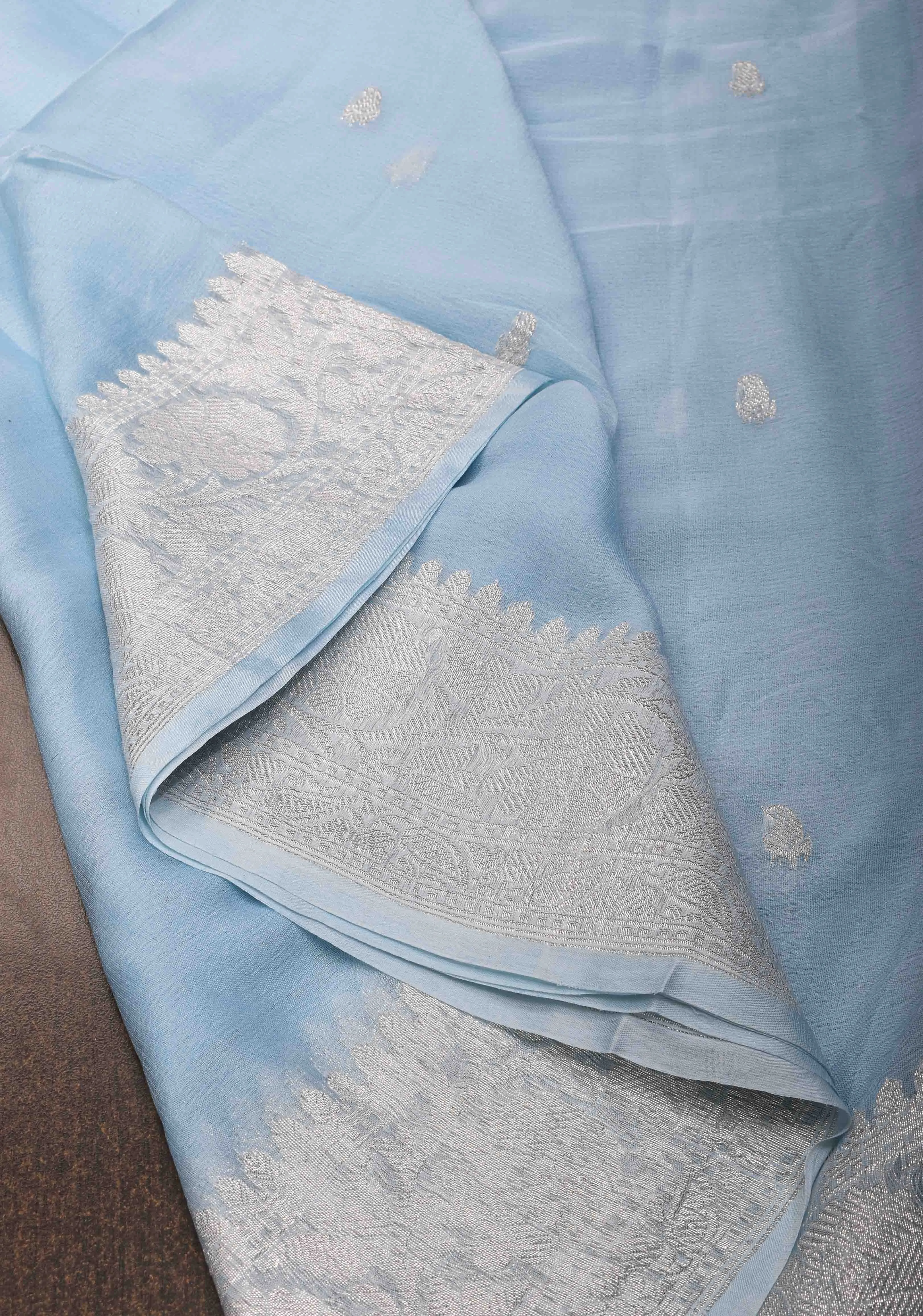 Pure Silk Chiffon Saree in Blue with Silver Zari Buttas and Border | SILK MARK CERTIFIED