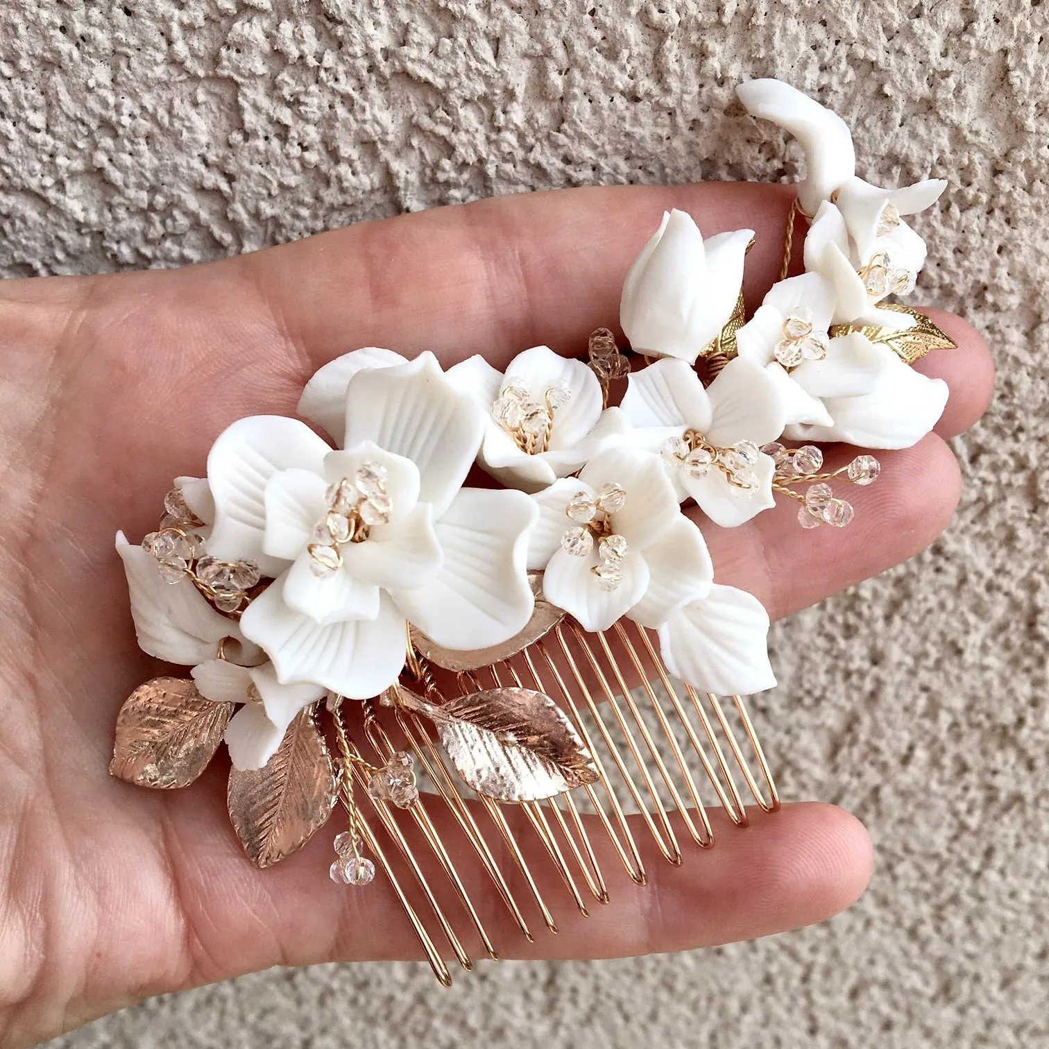 "McKenna" - Ceramic Flowers Bridal Hair Comb - Available in Gold and Silver
