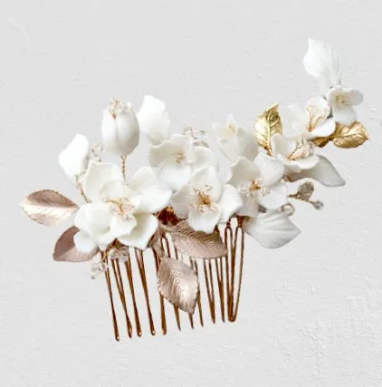"McKenna" - Ceramic Flowers Bridal Hair Comb - Available in Gold and Silver