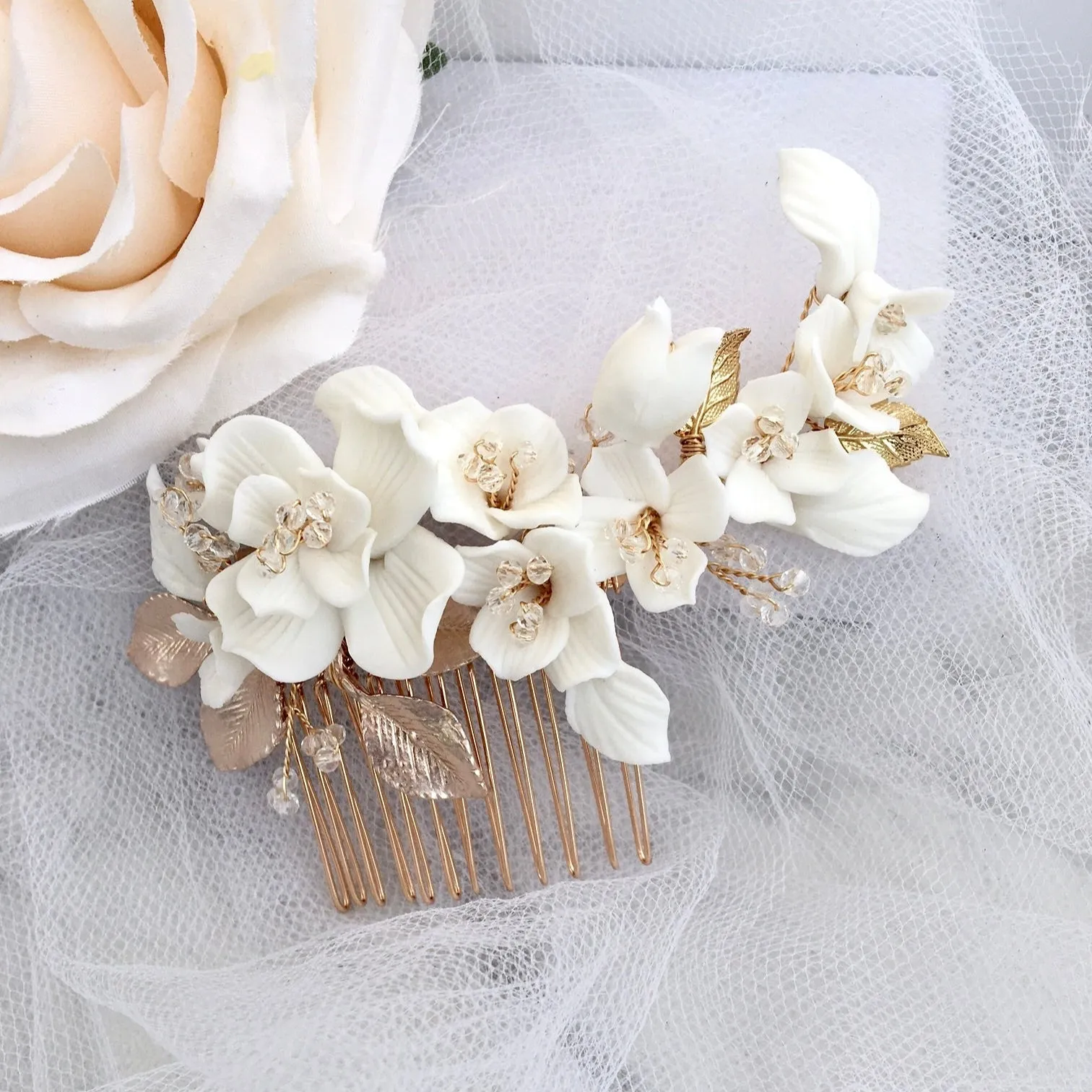 "McKenna" - Ceramic Flowers Bridal Hair Comb - Available in Gold and Silver