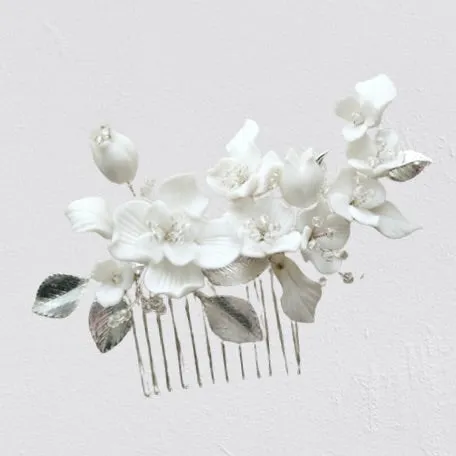 "McKenna" - Ceramic Flowers Bridal Hair Comb - Available in Gold and Silver