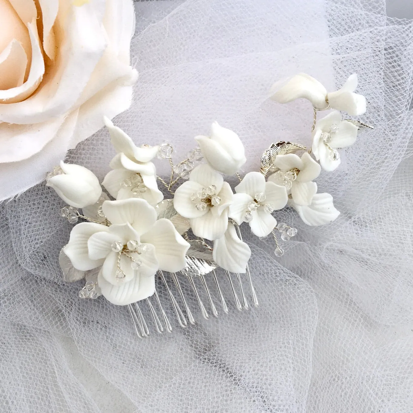 "McKenna" - Ceramic Flowers Bridal Hair Comb - Available in Gold and Silver