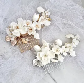"McKenna" - Ceramic Flowers Bridal Hair Comb - Available in Gold and Silver