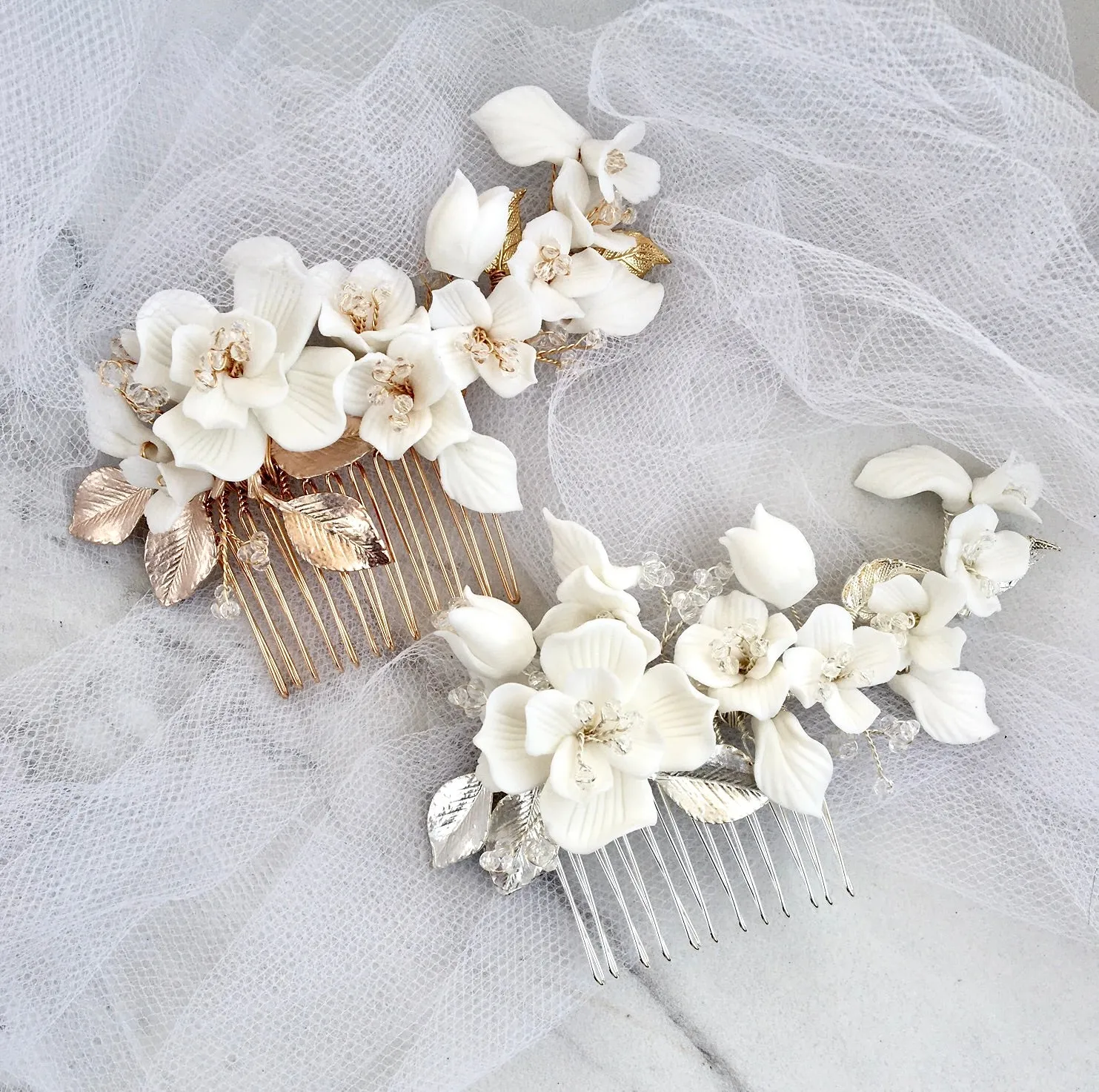 "McKenna" - Ceramic Flowers Bridal Hair Comb - Available in Gold and Silver