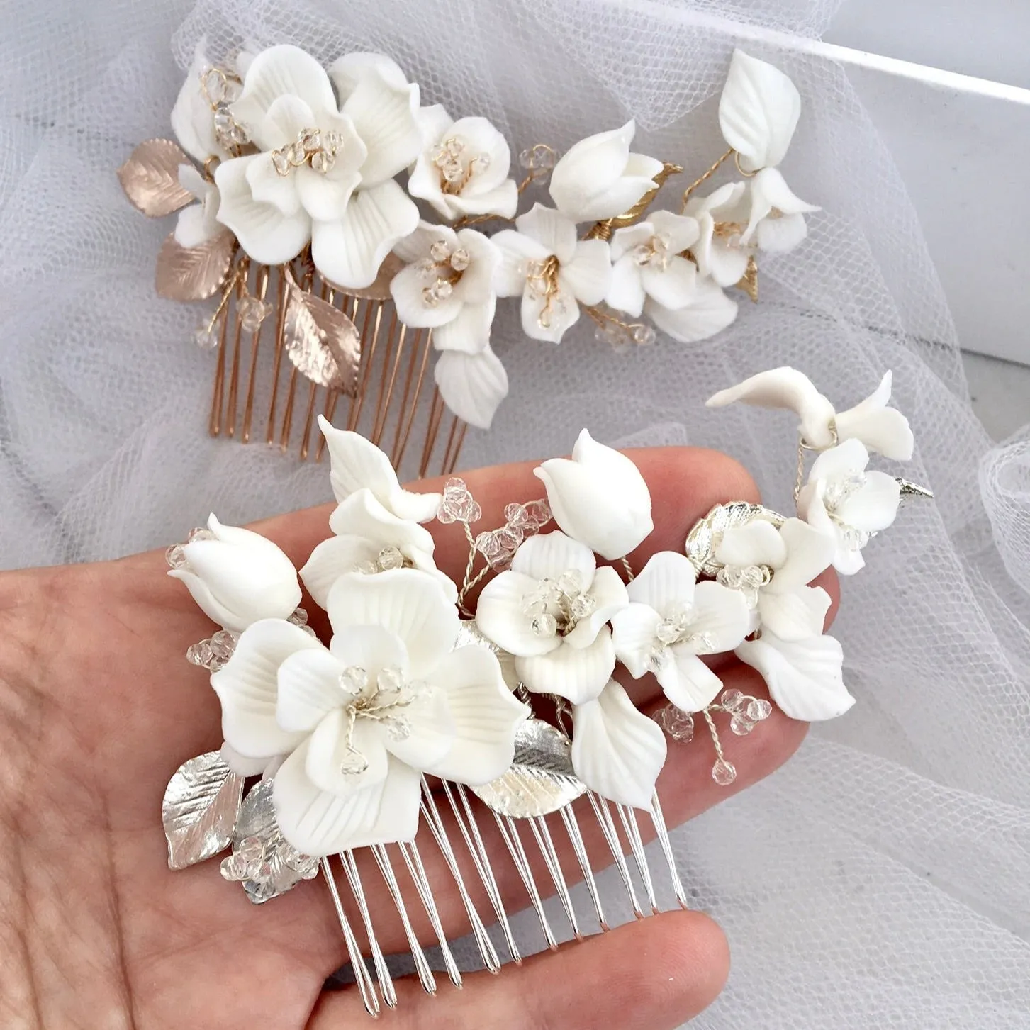 "McKenna" - Ceramic Flowers Bridal Hair Comb - Available in Gold and Silver