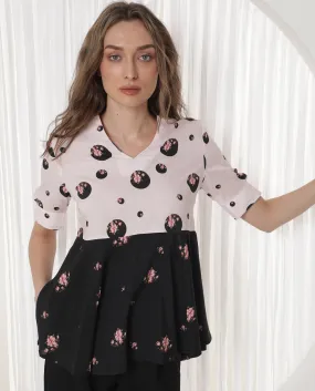 Rareism Women Euphoria Light Pink Polyester Fabric Short Sleeves V-Neck Cuffed Sleeve Regular Fit Polka Top