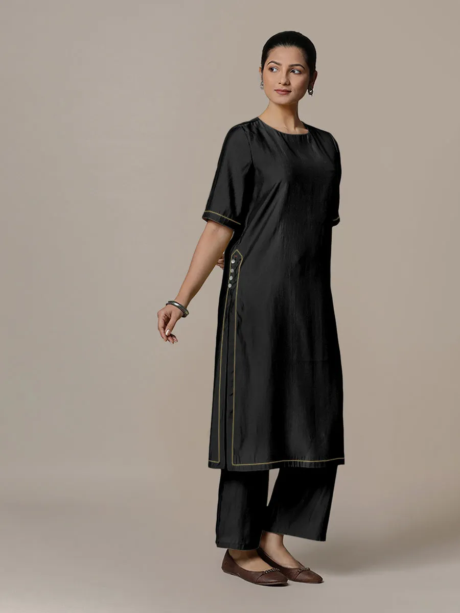 Riya x Rozaana | A Line Kurta in Raven Black with Thread Work | Coords or Only Kurta