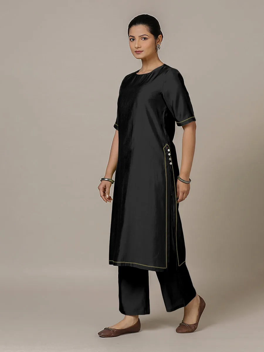 Riya x Rozaana | A Line Kurta in Raven Black with Thread Work | Coords or Only Kurta