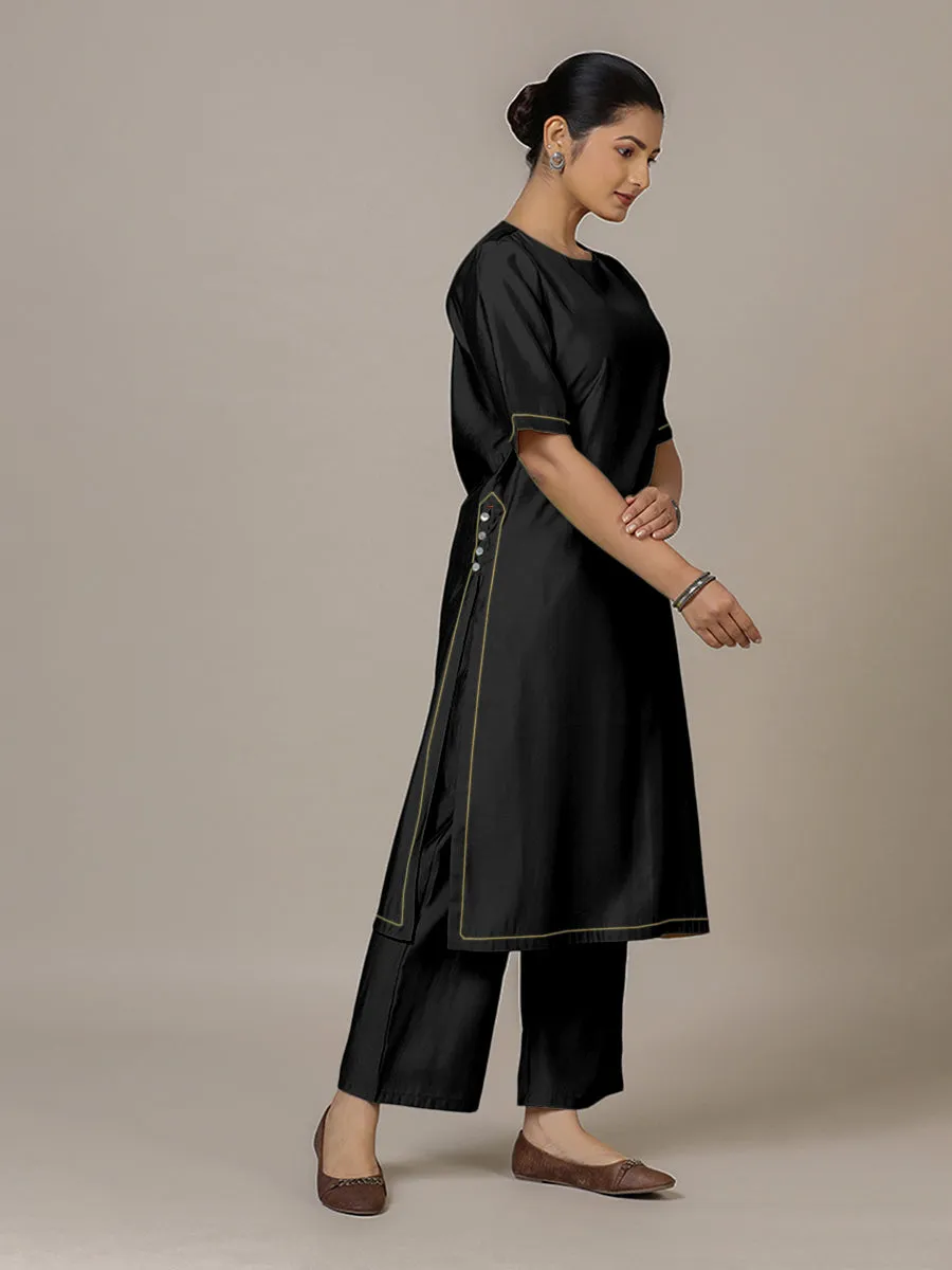 Riya x Rozaana | A Line Kurta in Raven Black with Thread Work | Coords or Only Kurta