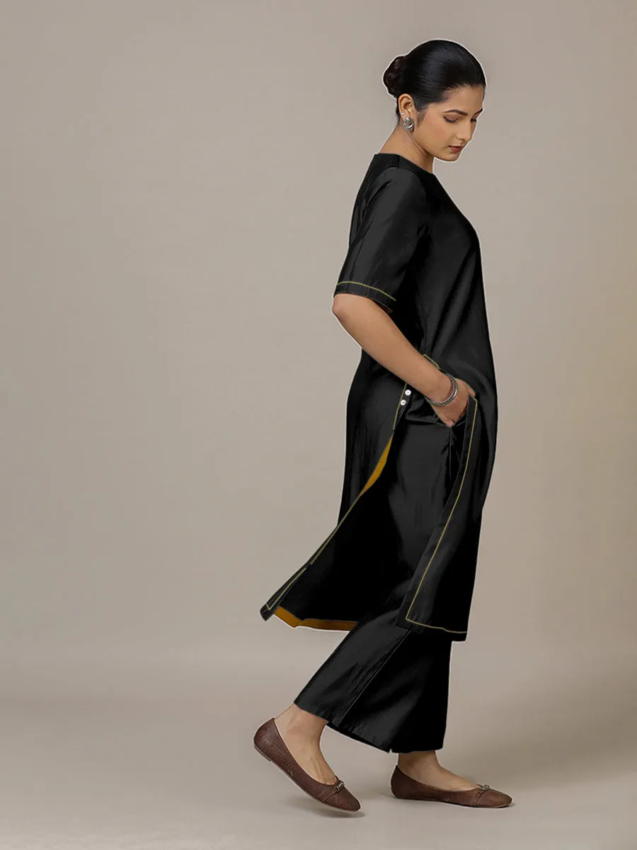 Riya x Rozaana | A Line Kurta in Raven Black with Thread Work | Coords or Only Kurta