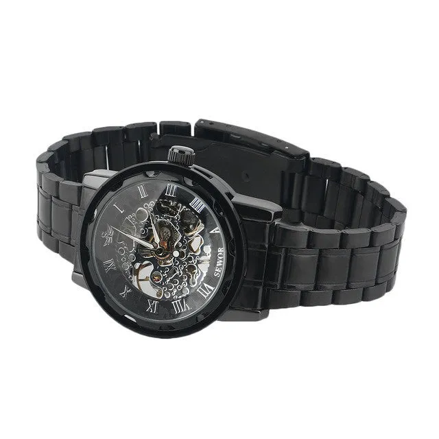 Roman Numerals Skeleton Men Military Business Clock Steel Automatic Mechanical Wrist Dress Luxury Sport Watch