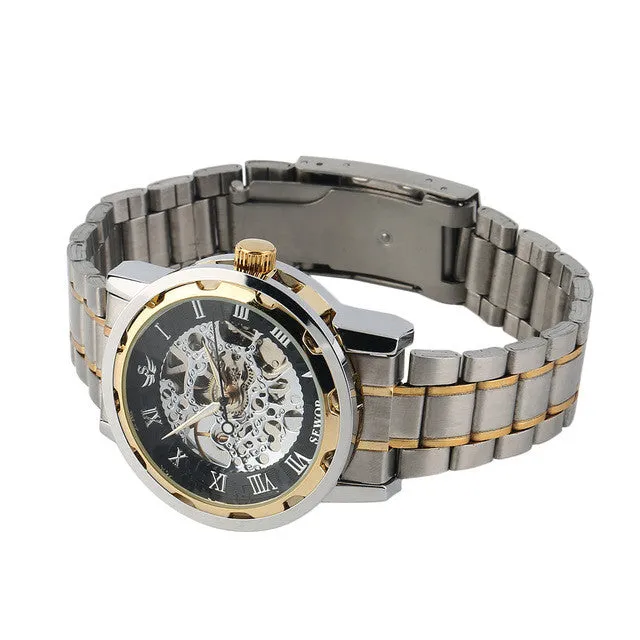 Roman Numerals Skeleton Men Military Business Clock Steel Automatic Mechanical Wrist Dress Luxury Sport Watch