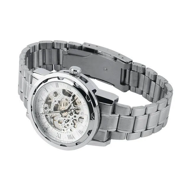 Roman Numerals Skeleton Men Military Business Clock Steel Automatic Mechanical Wrist Dress Luxury Sport Watch