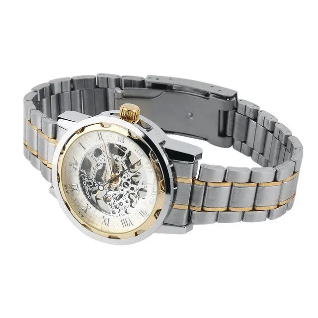 Roman Numerals Skeleton Men Military Business Clock Steel Automatic Mechanical Wrist Dress Luxury Sport Watch