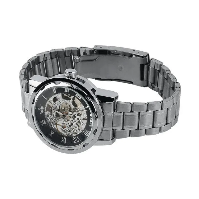 Roman Numerals Skeleton Men Military Business Clock Steel Automatic Mechanical Wrist Dress Luxury Sport Watch