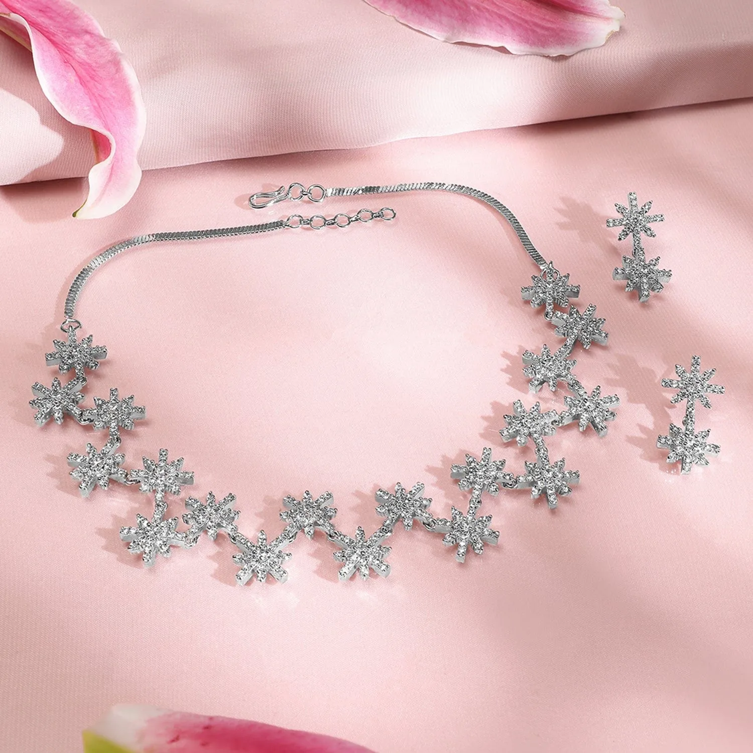 Rubans Rhodium-Plated Cubic Zirconia Studded Snowflake Necklace & Earrings Set