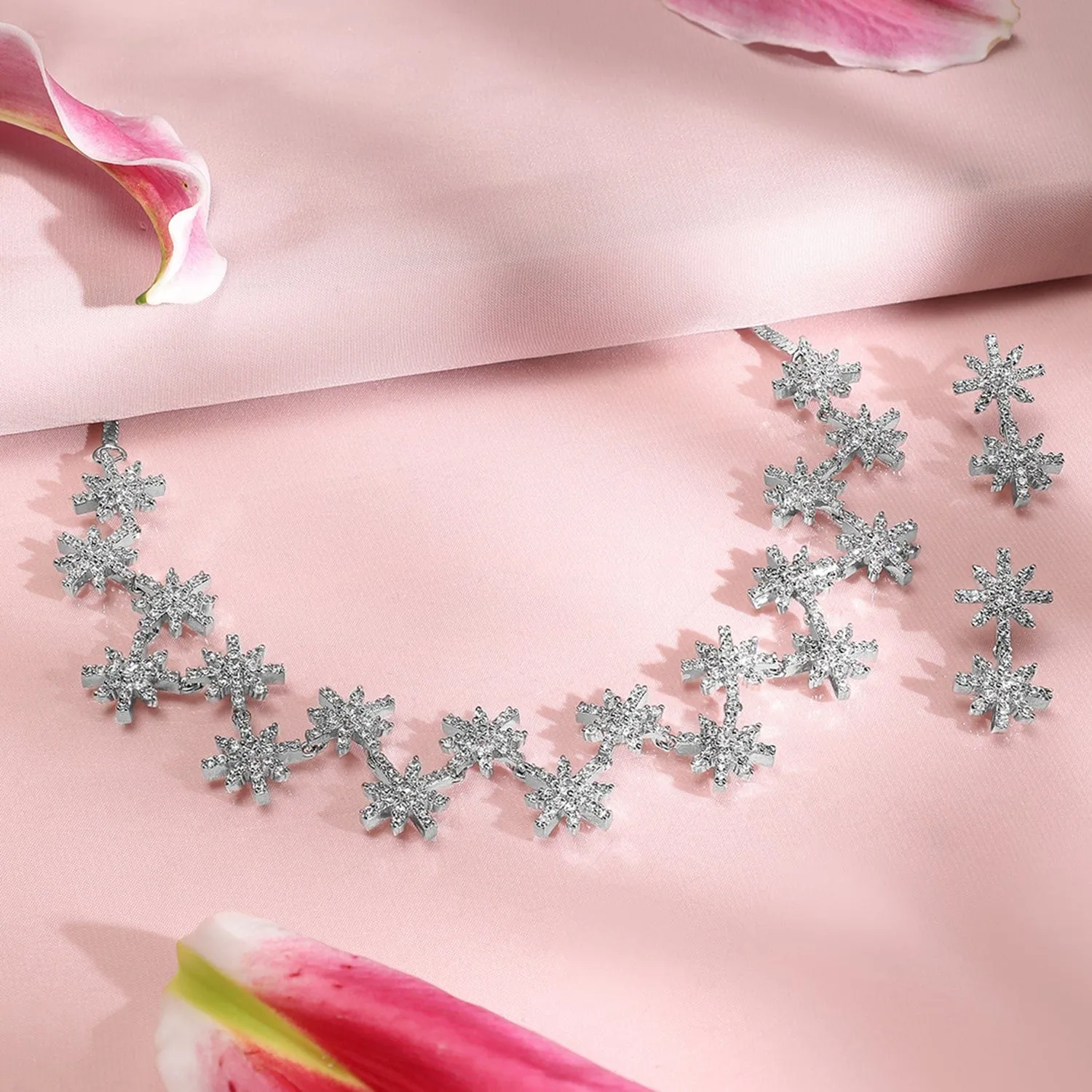 Rubans Rhodium-Plated Cubic Zirconia Studded Snowflake Necklace & Earrings Set