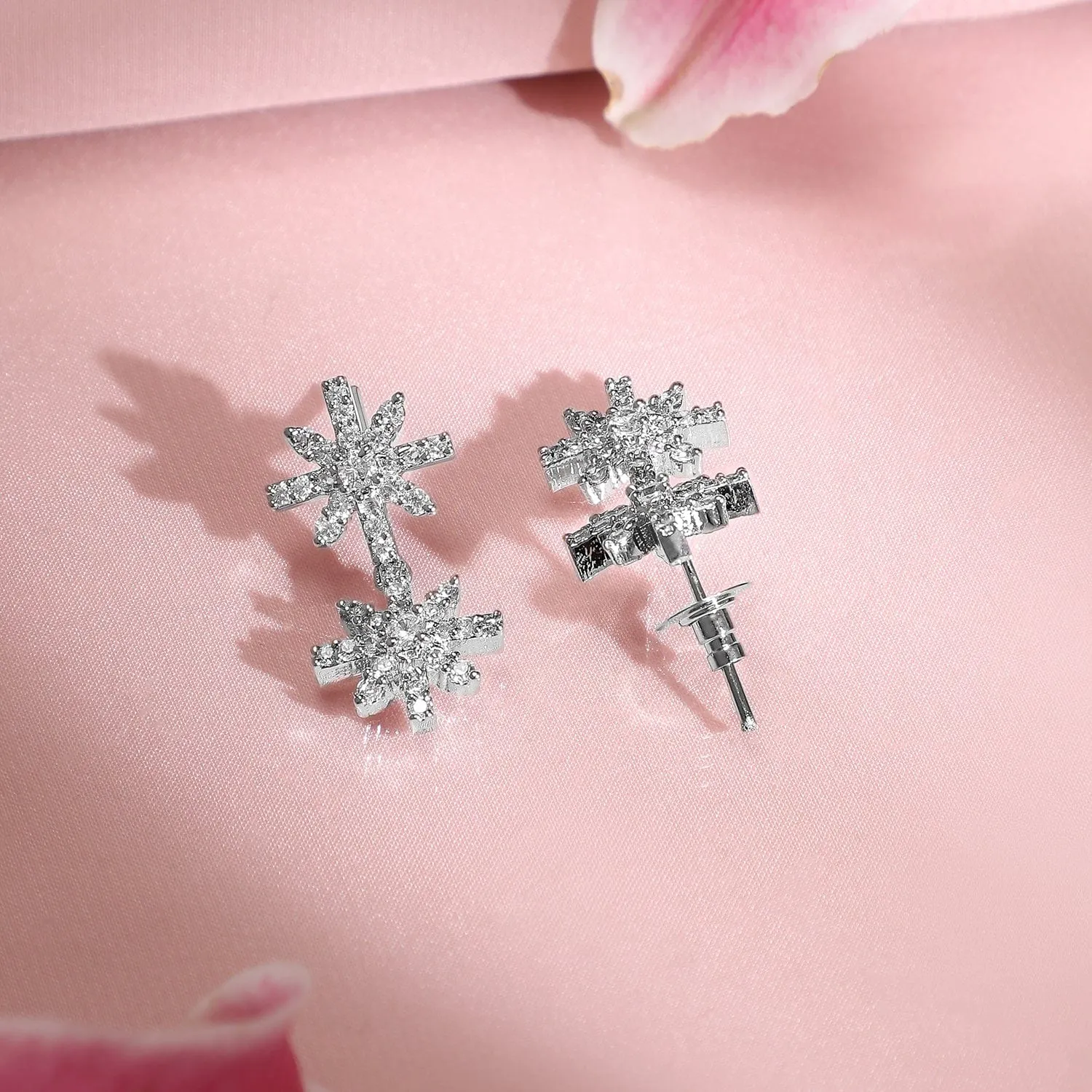 Rubans Rhodium-Plated Cubic Zirconia Studded Snowflake Necklace & Earrings Set