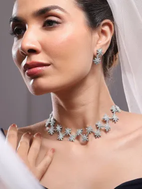 Rubans Rhodium-Plated Cubic Zirconia Studded Snowflake Necklace & Earrings Set